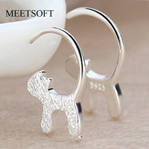 MEETSOFT Fashion Tibetan Silver Prevent Allergy Crystal Hoop Earrings for Women Trendy Small Metal Cute Cat Jewelry Gift