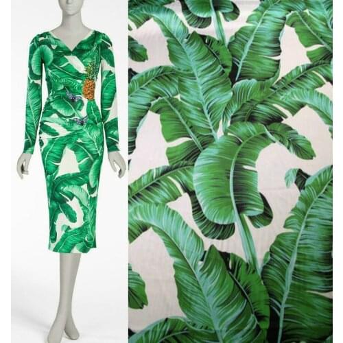 145cm green banana leaf printing fabric diy dress scarf satin fabric clothing polyester pajamas fabric wholesale cloth
