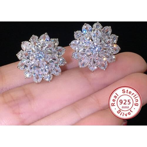 Cute Big AAAAA Bling Cubic Zirconia 925 Silver Stud Earrings Fashionable Flower Earring for Women 925 Jewelry Gift Brincos