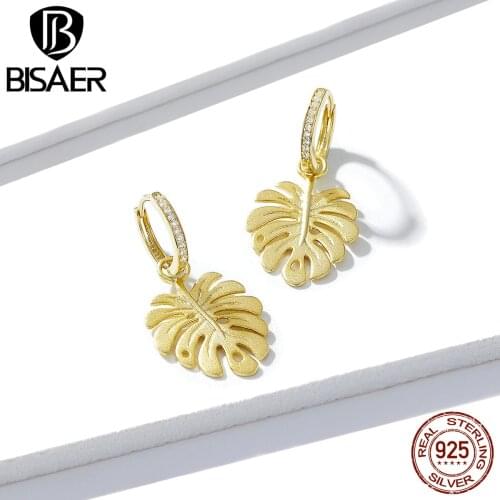 BISAER 925 Sterling Silver Palm Monstera Leaf Drop Earrings for Women Vintage Fashion Silver Leaves Earrings Jewelry EFE223