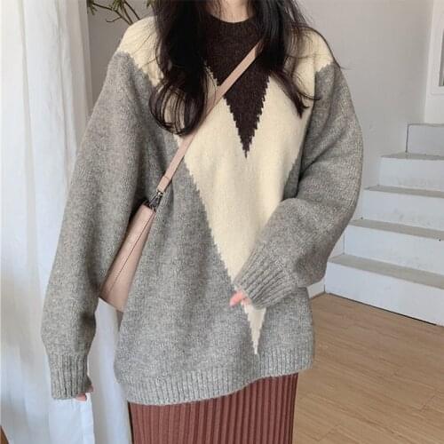V-joint Geometric Sweater Women Loose long Sleeve Straight Tube Pullover Sweater Oversize Warm Pullovers Jumper Female 2020
