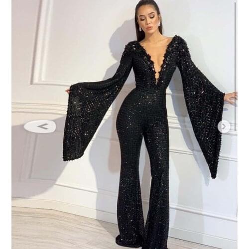 Modest Black Jumpsuit Evening Dresses Scoop Neck Flare Sequined Arabic Dubai Evening Gown Customized Outfit Prom Dress