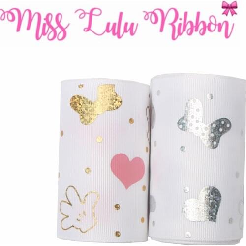 3"75mm Cartoon Heart Pink Ink Print&Hologram Gold&Silver Foil Printed Solid Color Grosgrain Ribbon DIY Gift Bowknot 50yards/roll