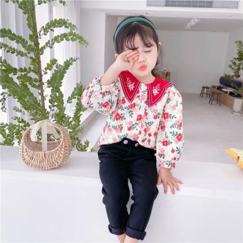 Spring Children Clothes Baby Girls Long Sleeve Floral Blouses Kids Fashion Embroidery Collar Single-breasted Shirts For 1-7Yrs