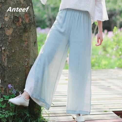 Anteef cotton linen vintage high waist casual loose trousers women wide leg pants 2021 pantalon femme streetwear