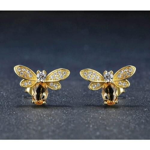 BLACK ANGEL Luxury Citrine Cute Bee Earrings 2020 New 925 Silver Gemstone Insect Stud Earring For Women Jewelry Wholesale