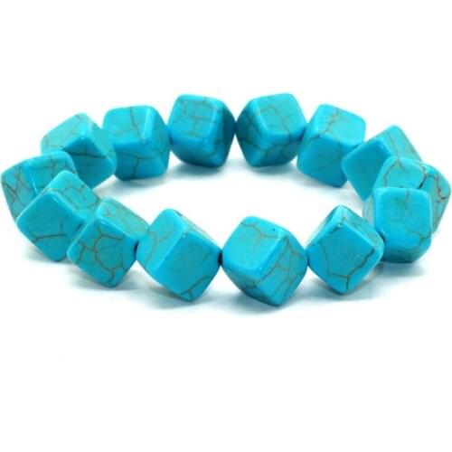 FYJS Unique Ethnic Style Handmade Square Shape 8 mm Green Turquoises Stone Elastic Bracelet Black Agates Jewelry