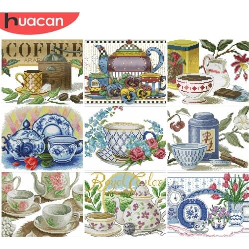 HUACAN Embroidery Cross Stitch Cup Kits White Canvas Flower Sets Needlework 11CT 14CT DIY Gift Home Decoration