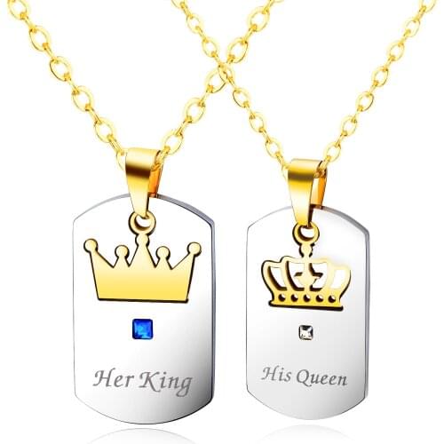 KKCHIC Her King His Queen Lovers Necklace Fashion Couple Titanium Steel Stainless Crown Pendant Romantic Valentines Gifts
