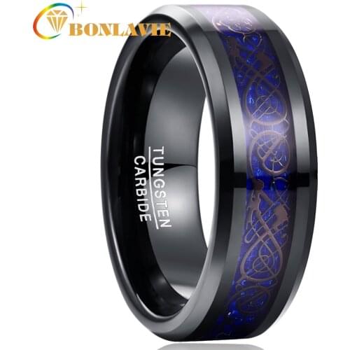 Blue Dragon Tungsten Carbide Soul Mate Ring Men Jewelry Wedding 8MM Wide Plating Black Rings Best Gift for Husband
