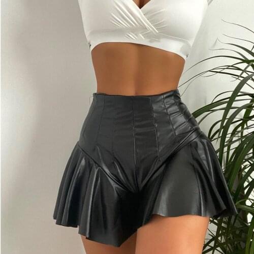 Summer Women Gothic Solid Colors High Waist Party Club Mini Skirts Shorts Sexy Black Pu Leather Pleated Skirts Ruffles Shorts