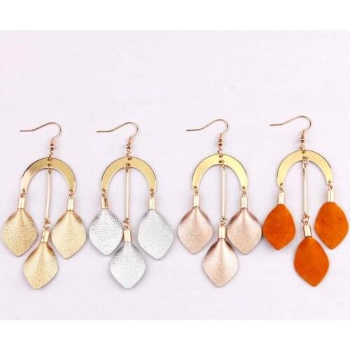 Copper Metal Arched Vertical Bar Leather Leaf Drop Earrings for Women Three Leaf Chandelier Leather Earrings Jewelry