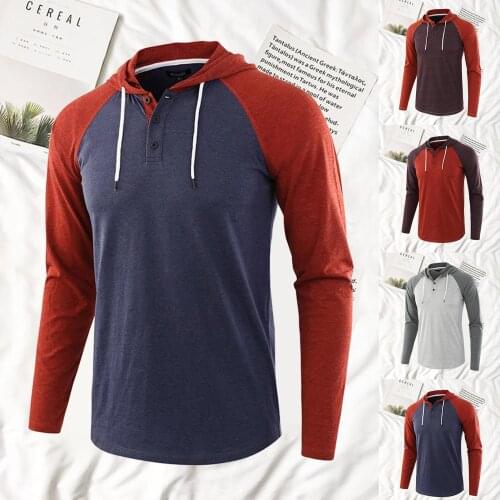 Men Sports Hoodie Fashion Autumn Casual Outdoor Men Long Raglan Sleeve Color Block Buttons Hoodie Drawstring Hood Sweatshirt