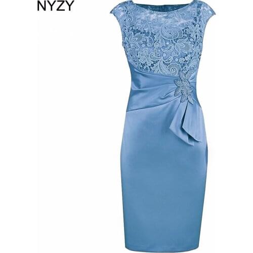 NYZY M3J Knee Length Sky Blue Mother of the Bride Lace Dresses 2019 Wedding Guest Party Vestido Robe Cocktail Formal Dress