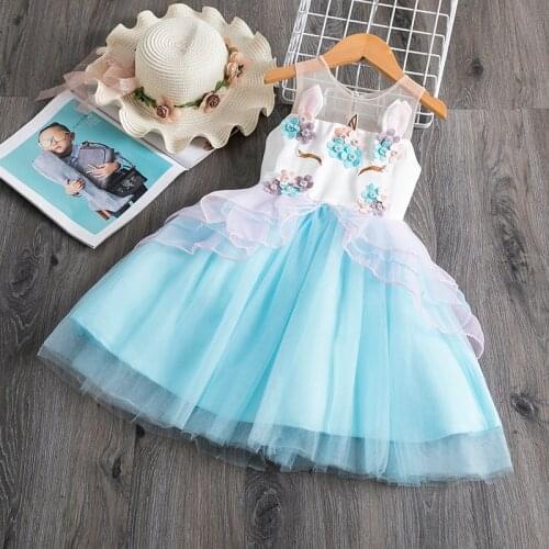 Fantastic Infantil Unicorn Girls Dress Flower Beading Unicorn Party Princess Dress Ruffles Tulle Ball Gown Children Clothing