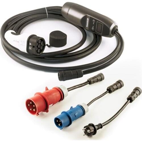 Portable EV Charger with adapters blue see red cee schuko plug 6A to 32A adjustable Type 2 ev cable 110v-230v