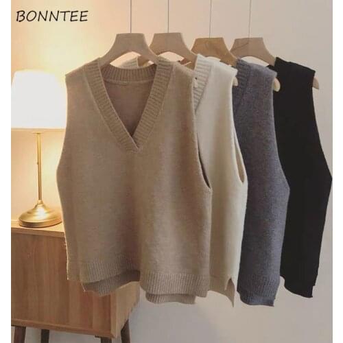Sweater Vest Womens Spring Fashion Vintage Ulzzang Loose Solid Students All-match Knitted Casual Simple Tender Daily V-Neck Soft