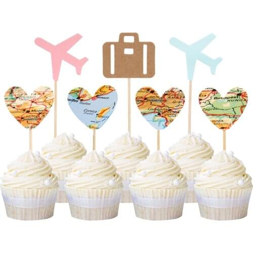 12pcs/set Travel Theme Cupcake Toppers Pink Blue Airplane Heart Map Baby Shower Birthday Wedding Party Decoration Cake Topper