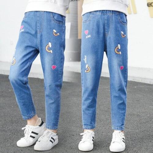 Spring jeans for girls full length denim trousers 3-13T kids outwear rainbow print cute pants fashionable loosen pants elastic
