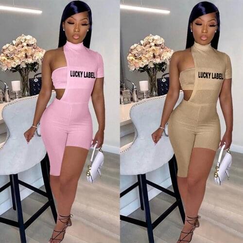 2021 Summer Women 2pcs Rompers Lucky Lable Letter Embroidery Hollow Out Bodysuit One Shoulder Irregular Short Rompers Jumpsuit