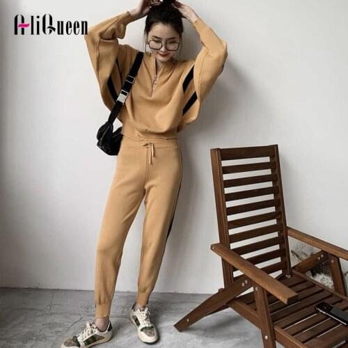 Korean Autumn Knitted Two Piece Set Top and Pants Set Women Cartoon Dog Striped Tracksuit Female Black Sports Set Matching Sets