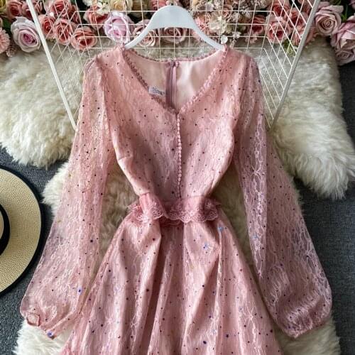 20212021 New Women Lace Dress Mesh Crochet Long Sleeve Dress Urban Ladies Vintage Ruffles Voile V-neck Mid-calf A-line Dresses