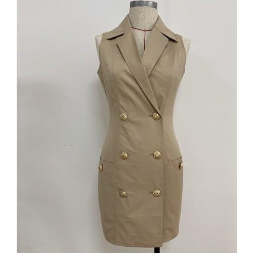 Free Shipping Sleeveless Notched Blazer Dress Women Elegant Stylish Double Breasted Slim Knee Length Khaki Dress Office Ladies