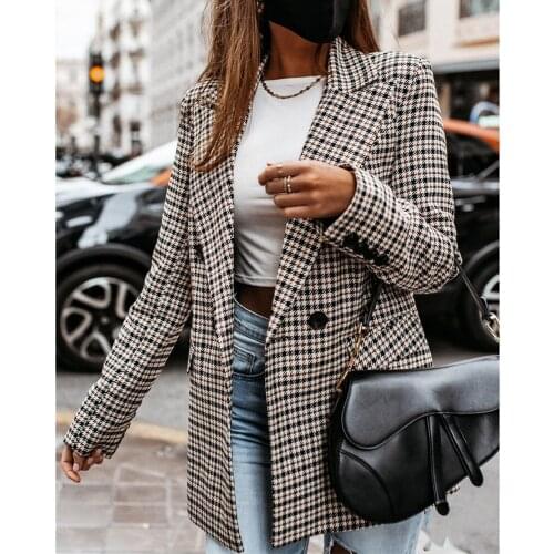 Woman Fashion Casual Plaid Tailored Coat Vintage Button Down Lapel Collar Double Breasted Lady Girls Jackets Coats Women Clothes
