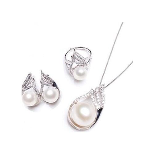 100% Genuine Freshwater Cultured Pearl Jewelry Set Graceful Nice Fashion Charm Necklace Earrings Ring Jewelry Set