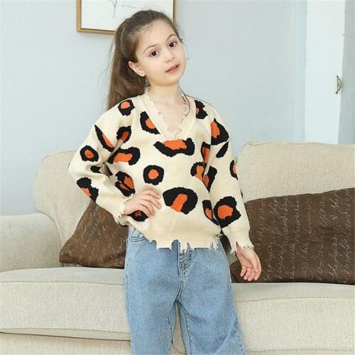 2021 New Style Pure Cotton Baby Girl Sweater Apricot Long Sleeve V-neck Printed Girl Boutique Sweater Clothing