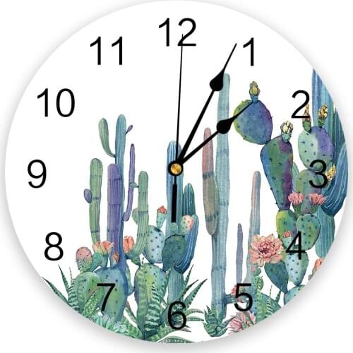 Watercolor Cactus Nordic Round Wall Clock Creative Home Decor Living Room Quartz Needle Wall Clocks Hanging Watch