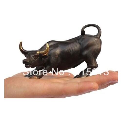 Bi00624 Small Wall Street Bronze Fierce Bull OX Statue 4.5"L A black