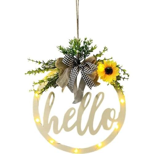 Decorative Home Wooden Sign Welcome Flower With LED Lights Lighting Hollow Welcome Wreath Home Door Pendant Wall Decoration