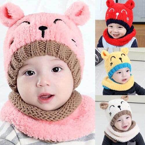 Emmababy Kids Hats Baby Girls Boys Hats Soft Knitted Cotton Warm Hooded Caps Autumn Winter Baby hats and Scarfs 2pcs