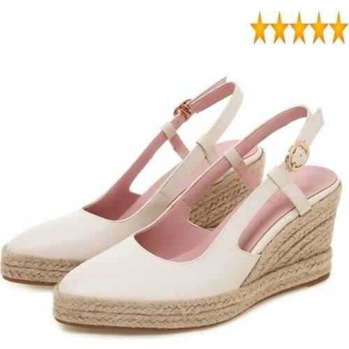 Leisure 2021 Toe Summer Pointed Lady Platform High Heels Straw Handmade Slingbacks Women Shoes Wedges Sandals Plus Size