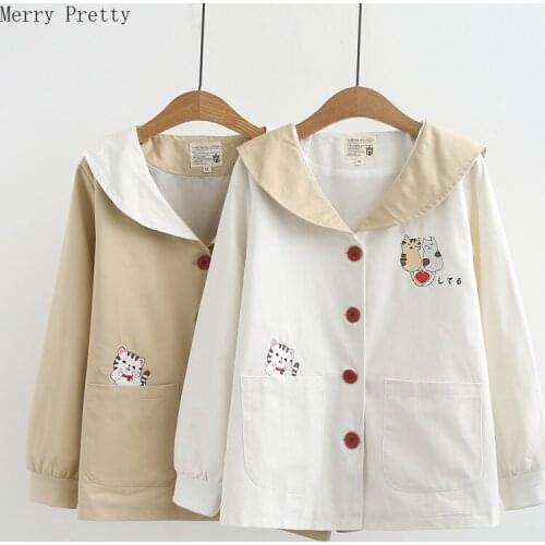Cartoon Cat Embroidery Jackets For Women Sailor Collar Long Sleeve Cotton Jackets Single Breasted Outerwear Coats With Pockets