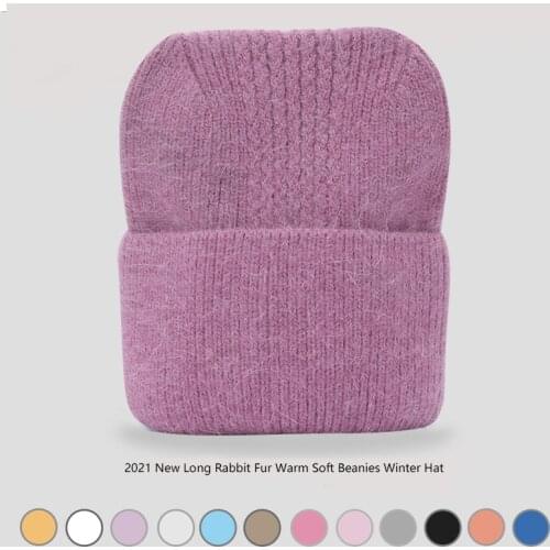 2021 New fashion unisex solid color real rabbit fur cat ear beanies winter hat for woman rabbit fur autumn Warm skullies gift