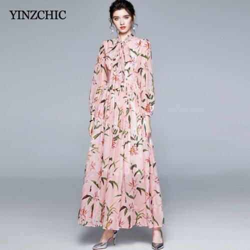 Autumn New Woman Chiffon Dress Bow Neck Female Casual Lily Printed Skirts Slim A-line Maxi Party Dresses for Office Lady