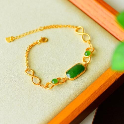 S925 Sterling Silver Square Bracelet Natural Hetian Jade Green Jade Bracelet Affordable Luxury Fashion Simple Trendy Gilding Orn