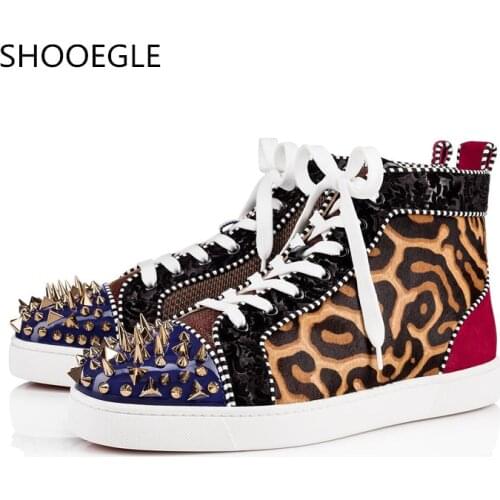 SHOOEGLE Luxurious Handmade Men Spikes High Top Sneakers Fashion Patchwork Leopard Prints Platform Flats Lace Up Shoes Man