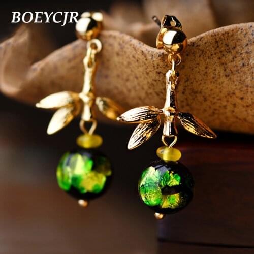 BOEYCJR Ethnic Gold Color Leaf Glass Bead Drop Earrings Handmade Vintage Jewelry Hook Earrings Dangle Earrings for Women