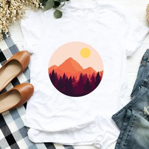 Women LadyLadies 90s Mountain Sun Cute Short Sleeve Print Fashion T Tee Womens Tshirt Female Shirt Clothes Top Graphic T-shirt