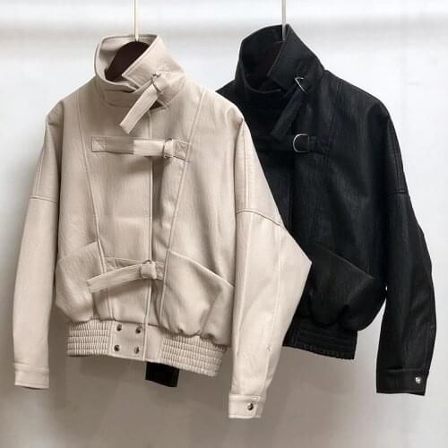 2020 new spring autumn loose bf style PU leather women short stand collar leather jacket coat
