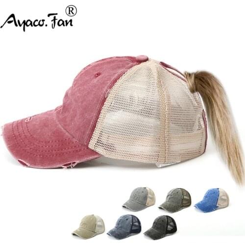 Women Summer Ponytail Baseball Cap Cottony Denim Patchwork Mesh Broken Sunhat Outdoor Sports Vintage Snapback Golf Baseball Hat