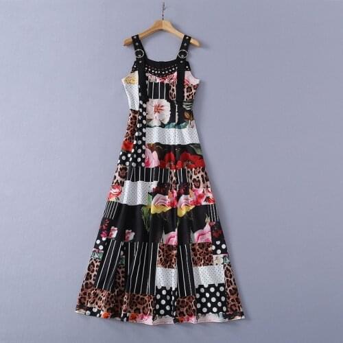 European and American womens clothing spring 2021 new Condole belt Bound diamond polka dot leopard flower print Fashion dress