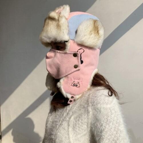 Womens Autumn and Winter Outdoor Lei Feng Hat Cartoon Ear Caps Warm Tide Plane Hat Cat Ear Ski Hat