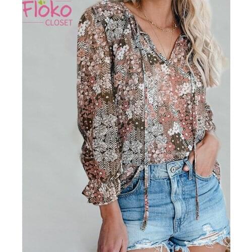 Flokocloset Autumn V-Neck Lace Up Print Long Sleeve Chiffon Blouse Casual Loose Flare Sleeve Women Party Holiday Shirts