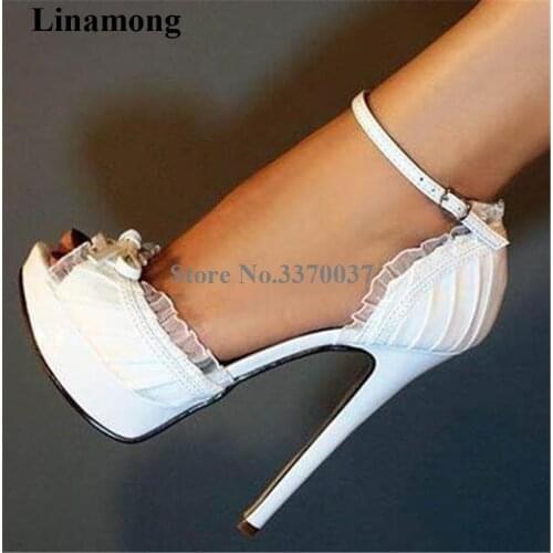 Women Charming Elegant Peep Toe High Platform Stiletto Heel Sandals White Lace Mesh Fringes High Heel Sandals Wedding Heels Shoe