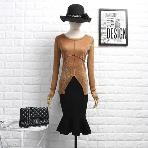 Alpha Women Perspective Metelic Bottom Shirts Long-sleeved Asymmetric Hem Sexy Women Bottom Tshirts Very Stretch Slim Shirts