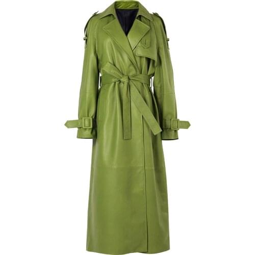 YOLOAgain Women Long Leather Trench Coat Genuine Leather Coat For Ladies